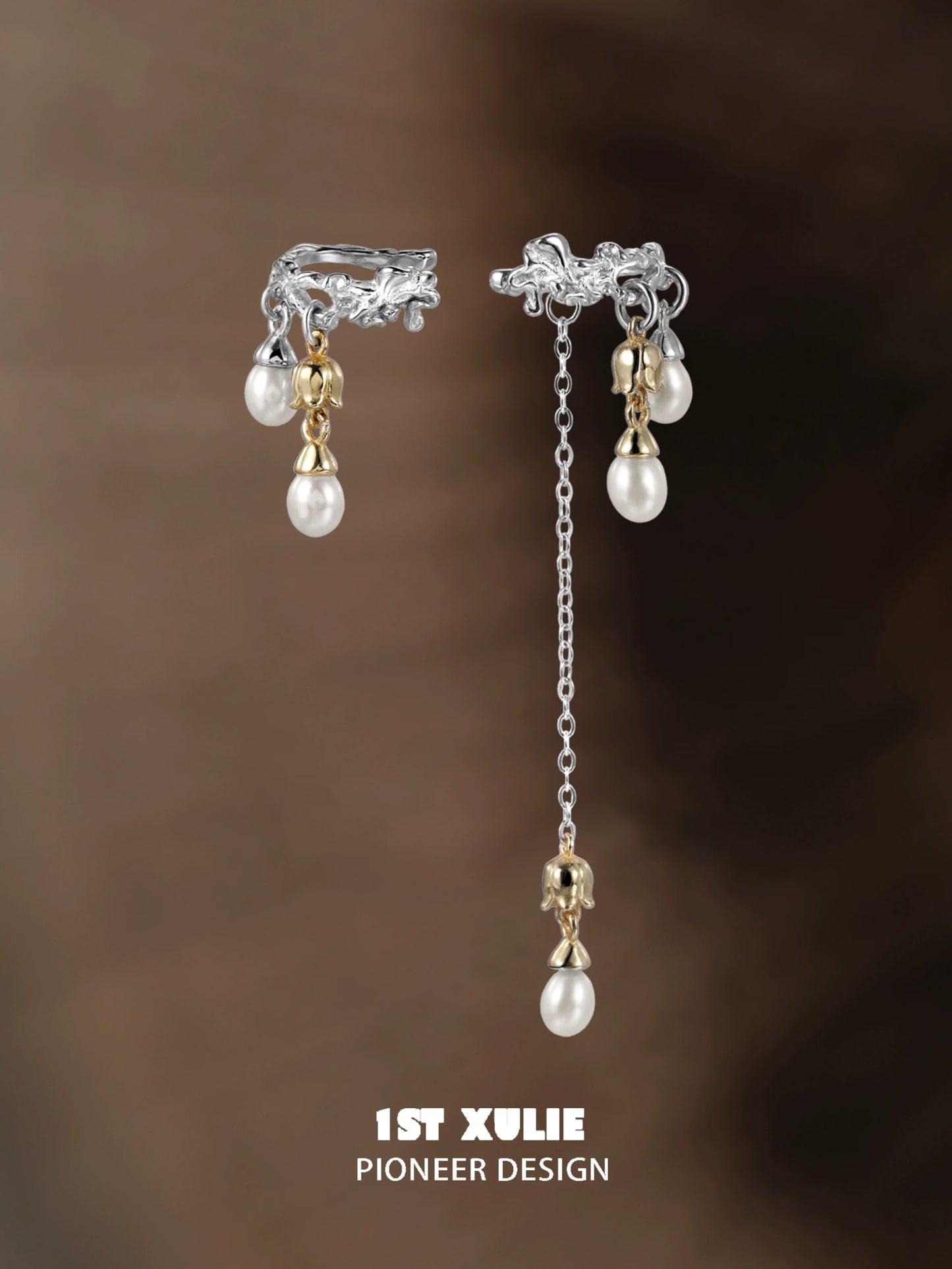 Elegant 1STXULIE lily tassel pearl ear cuff featuring silver and gold with dangling pearl accents