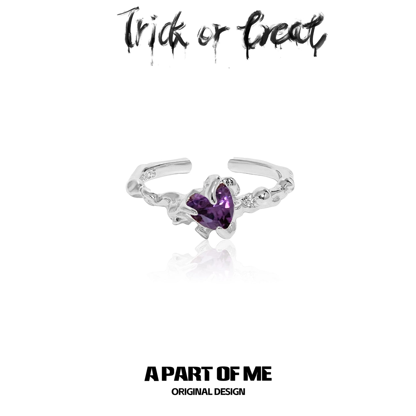 Little demon goth ring featuring a heart-shaped purple stone in a unique design by A PART OF ME