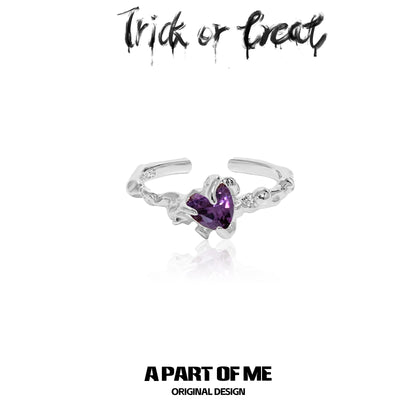 Little demon goth ring featuring a heart-shaped purple stone in a unique design by A PART OF ME