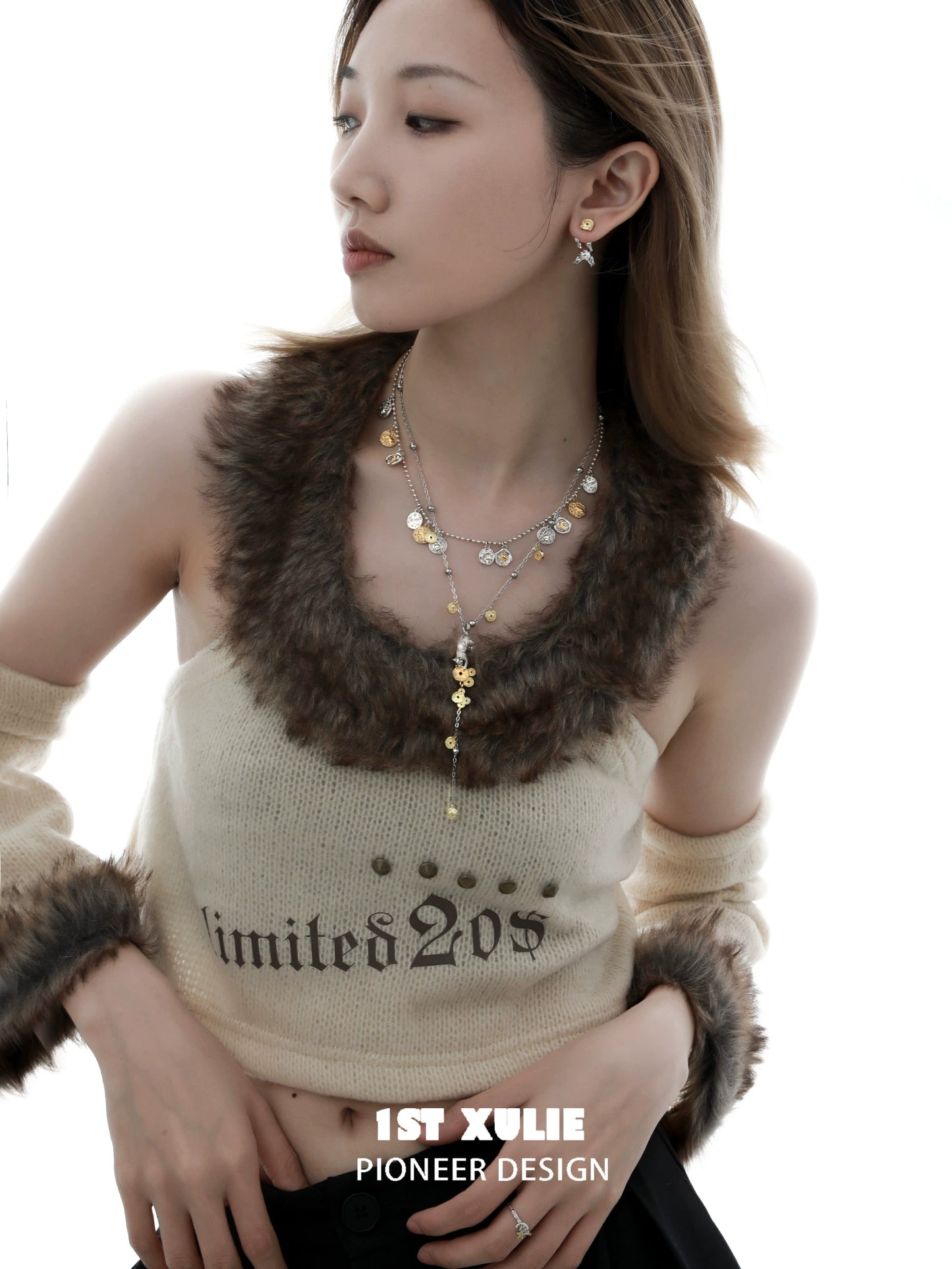 Stylish model wearing a lucky cat charm necklace for a trendy accessory look