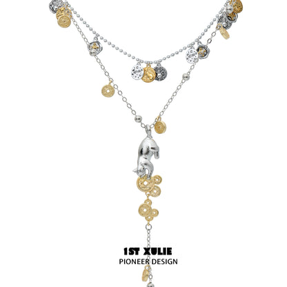 1STXULIE lucky cat charm necklace with mixed silver and gold-tone design for a fashionable look