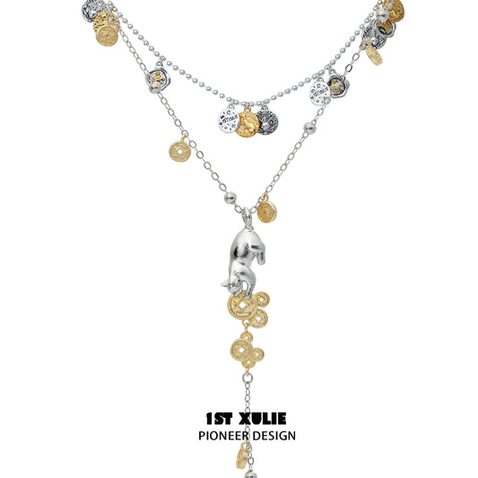 1STXULIE lucky cat charm necklace with mixed silver and gold-tone design for a fashionable look
