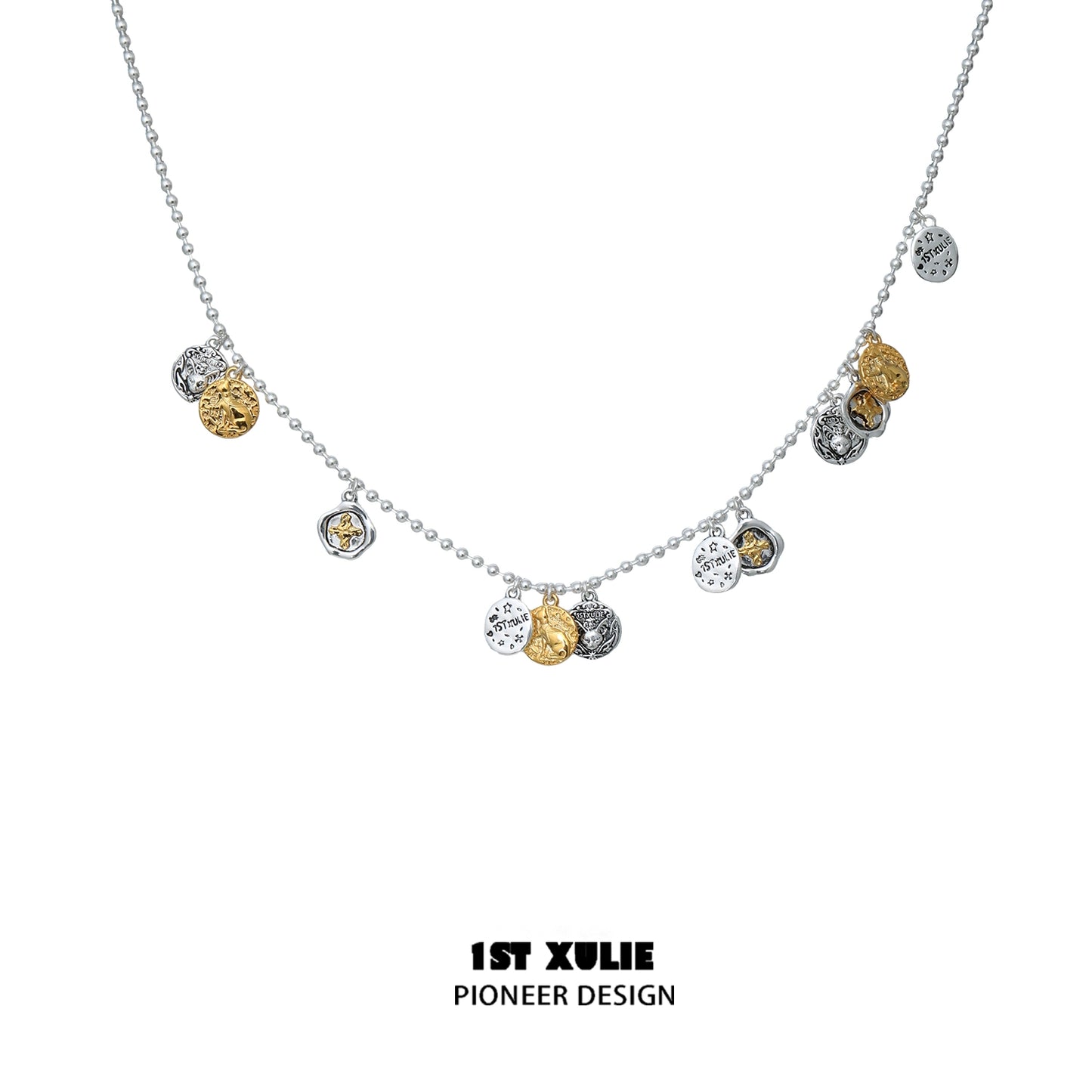 1ST XULIE lucky cat charm necklace with silver and gold coins on a beaded chain