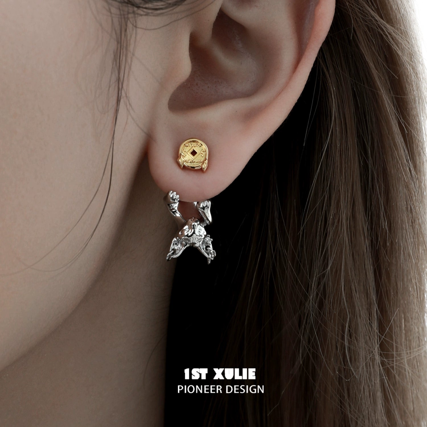 Lucky coin cat stud earrings featuring a gold coin and playful cat design for unique style