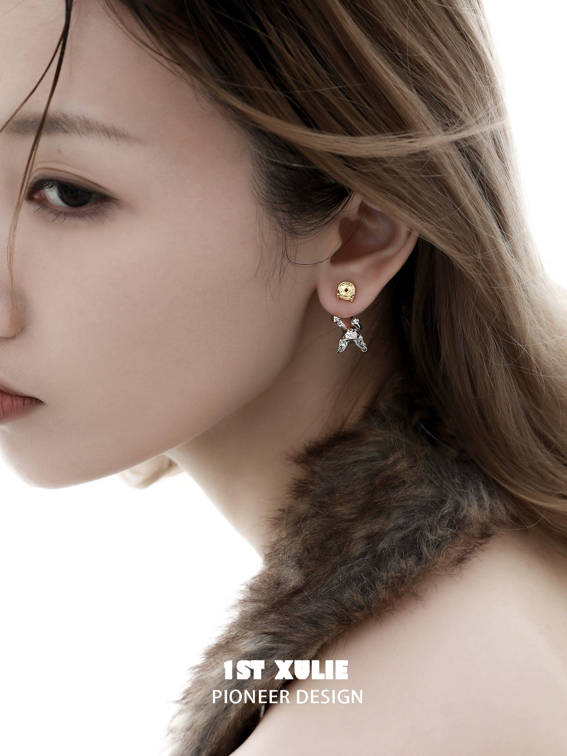 Lucky coin cat stud earrings in gold and silver design perfect for stylish accessories