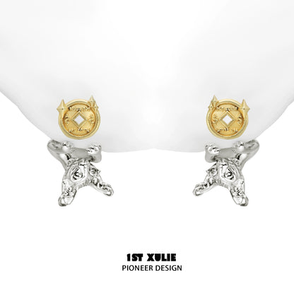 Lucky coin cat stud earrings in silver and gold design for unique fashion statement