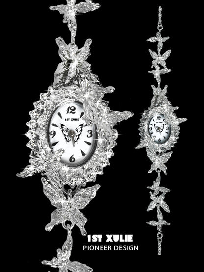 Elegant machinery aesthetic butterfly bracelet watch with intricate butterfly design and classic clock face
