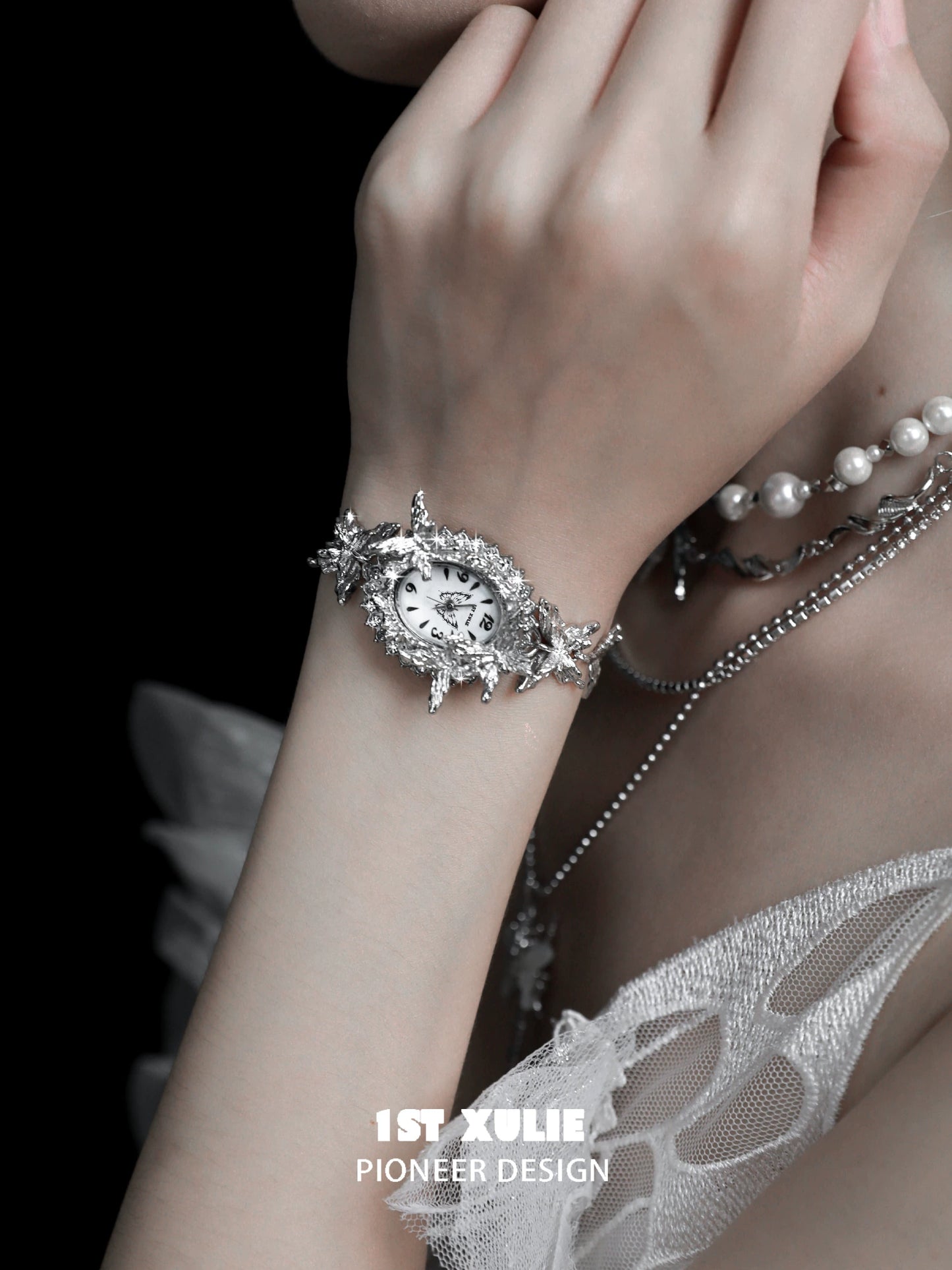 Elegant machinery aesthetic butterfly bracelet watch featuring intricate silver design and artistic details