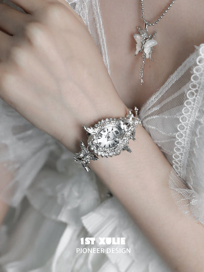 Machinery aesthetic butterfly bracelet watch by 1STXULIE featuring intricate design and silver finish