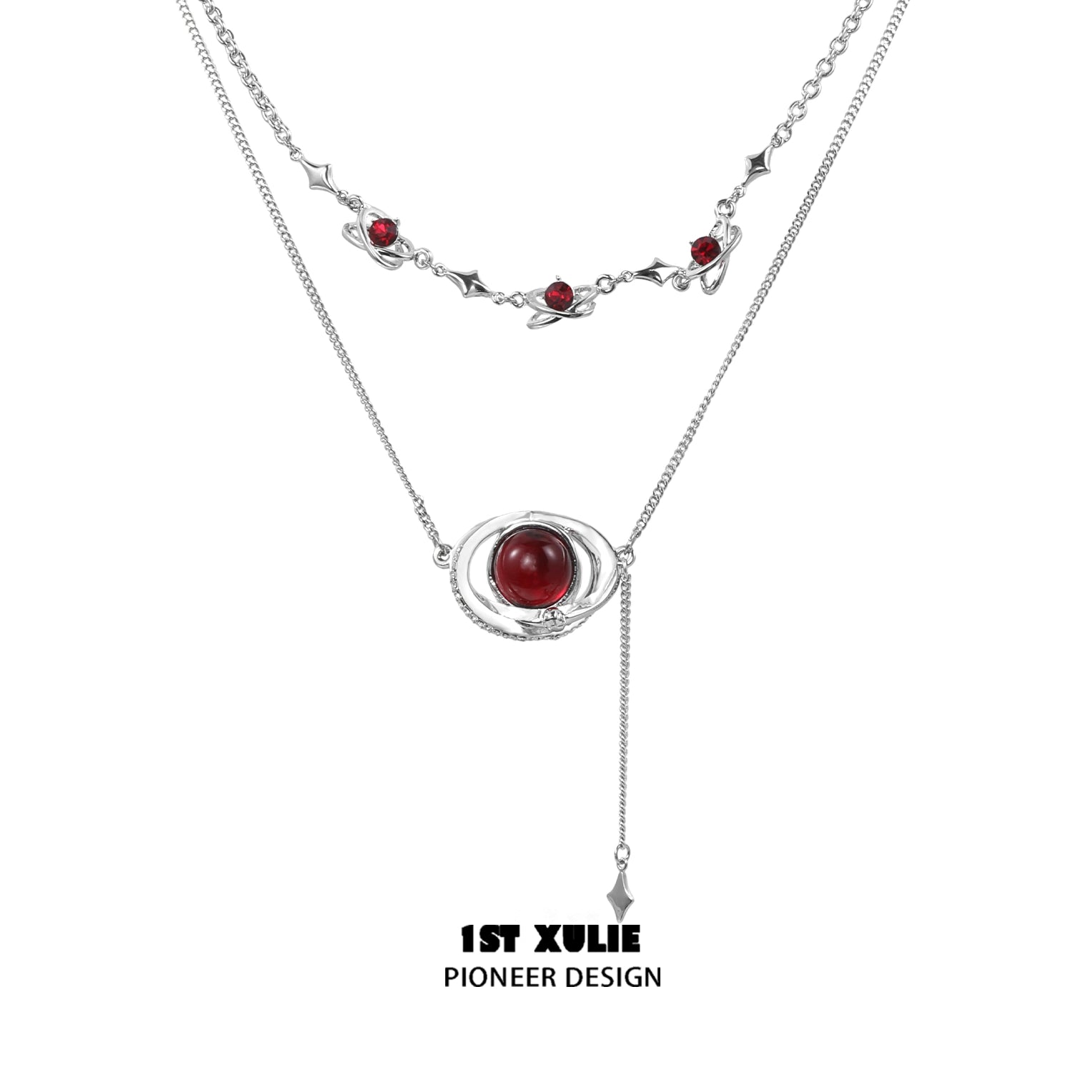 Mars inspired necklace by 1STXULIE featuring a unique design with red accents and silver chains
