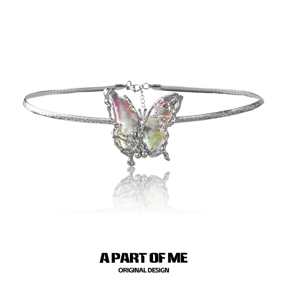 A PART OF ME mechanical butterfly necklace with intricate design featuring colorful wings