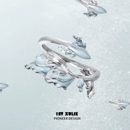 1ST XULIE Mermaid Tail Silver Ring with Intricate Design and Blue Accent for Ocean Lovers