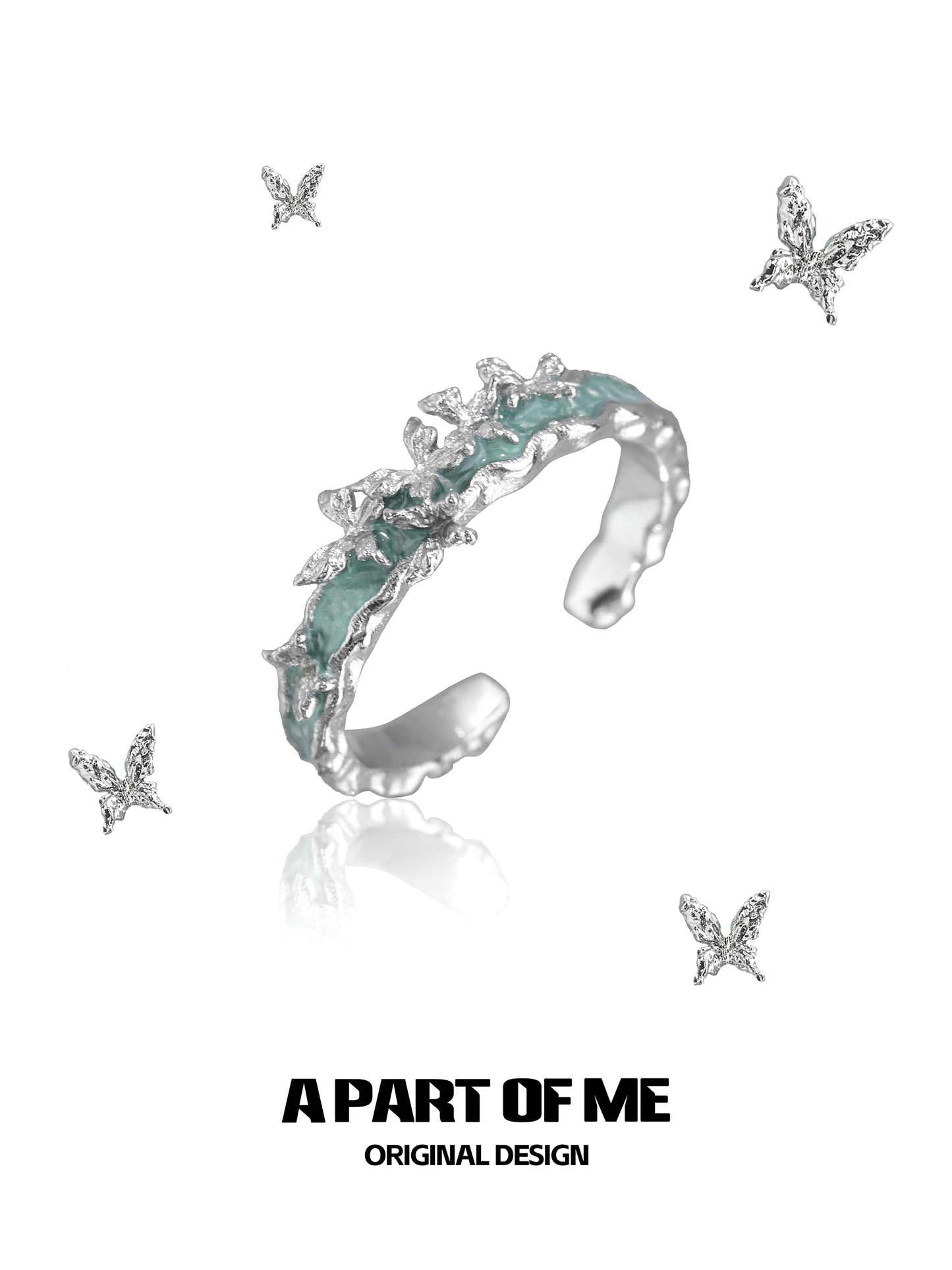 A Part of Me mint butterfly ring featuring delicate butterfly designs and a shimmering finish