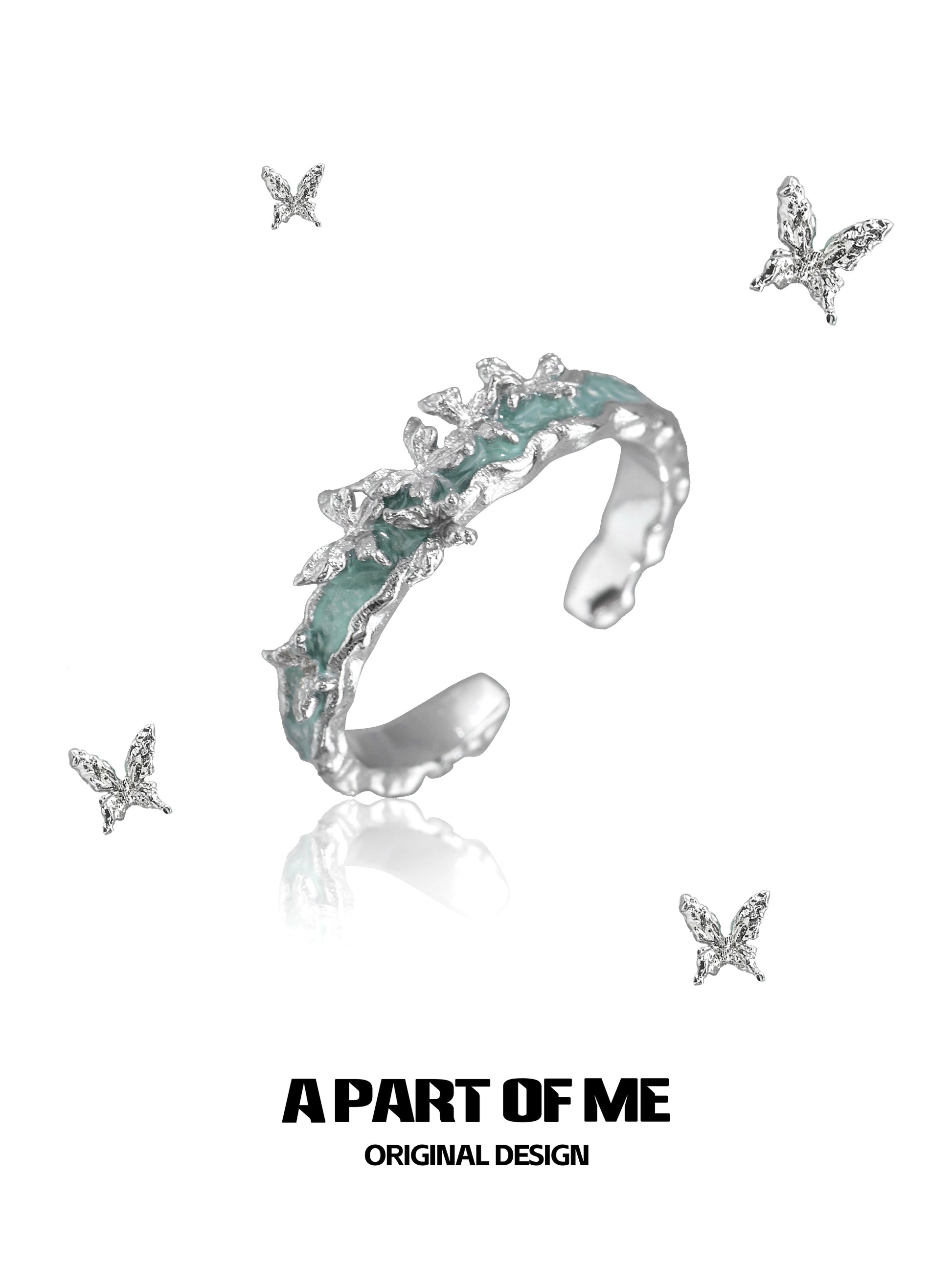 A Part of Me mint butterfly ring featuring delicate butterfly designs and a shimmering finish