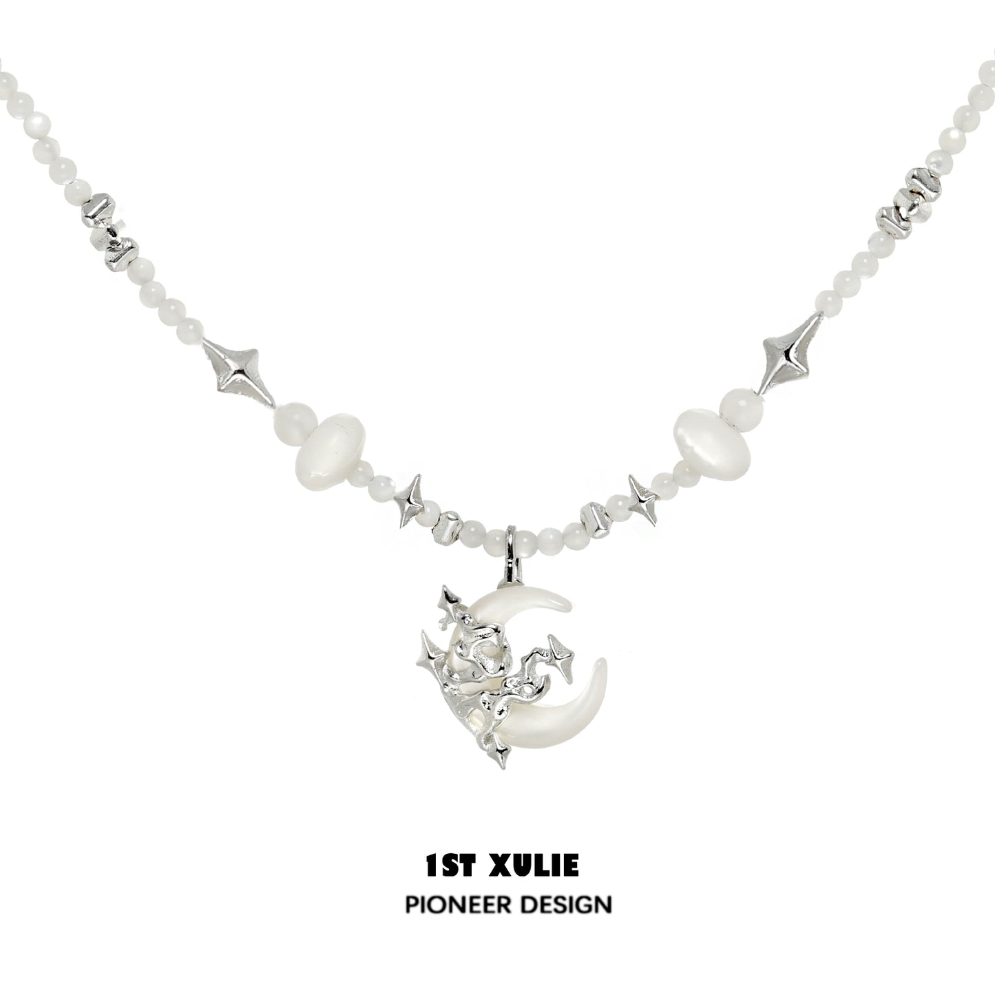 Moon beaded clavicle chain necklace featuring silver and white beads with a crescent moon charm