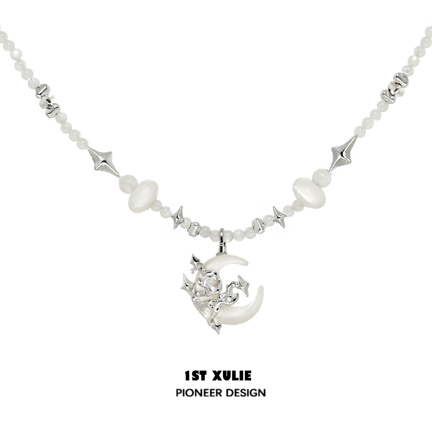 Moon beaded clavicle chain necklace featuring silver and white beads with a crescent moon charm