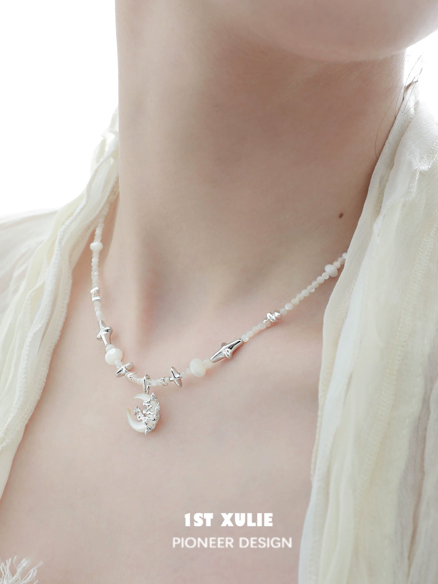 Moon beaded clavicle chain necklace with silver accents and elegant beads for a stylish look