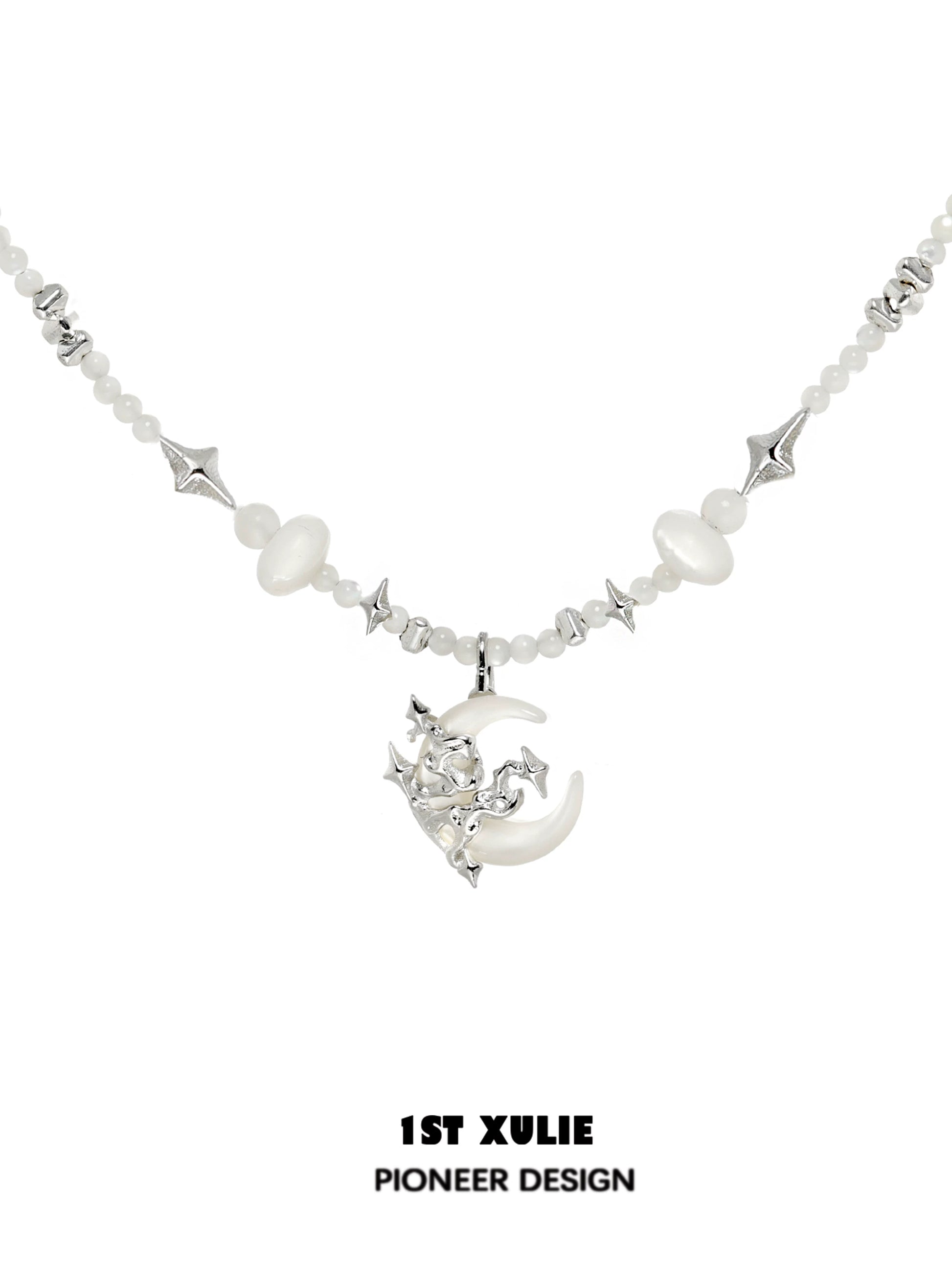 Moon beaded clavicle chain necklace featuring silver and white beads with a crescent moon charm