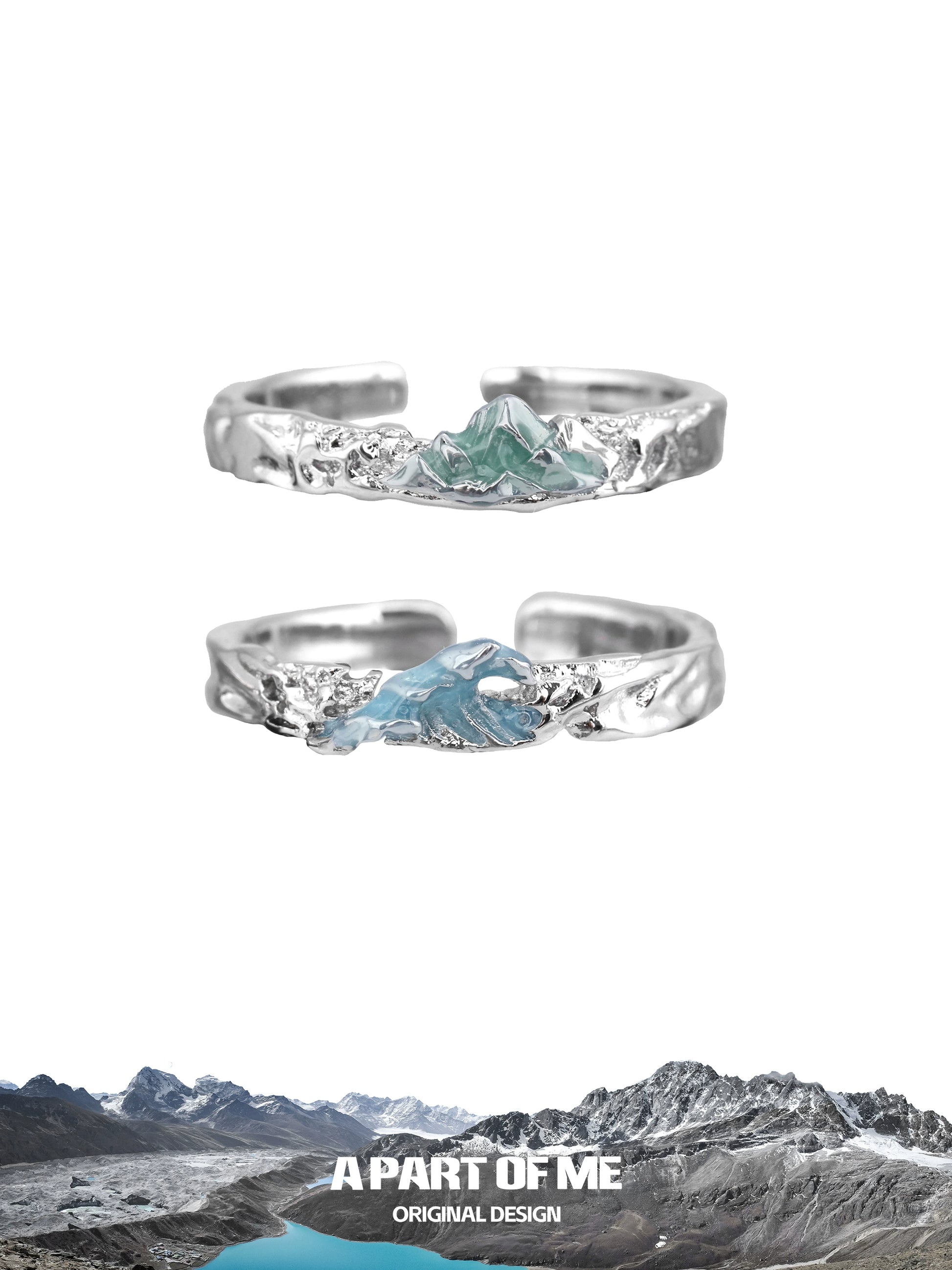 A PART OF ME mountain and sea couple rings featuring unique wave and mountain designs in silver