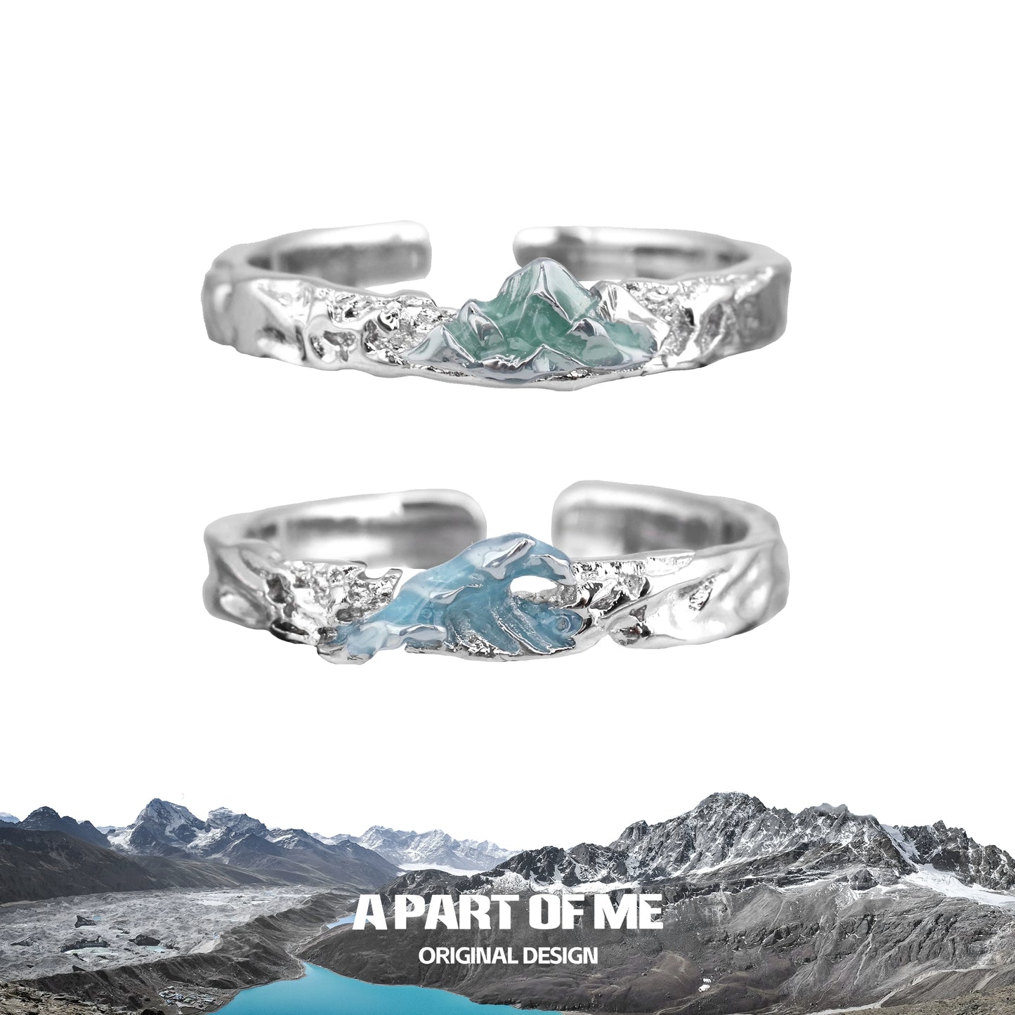 A PART OF ME mountain and sea couple rings featuring unique wave and mountain designs in silver