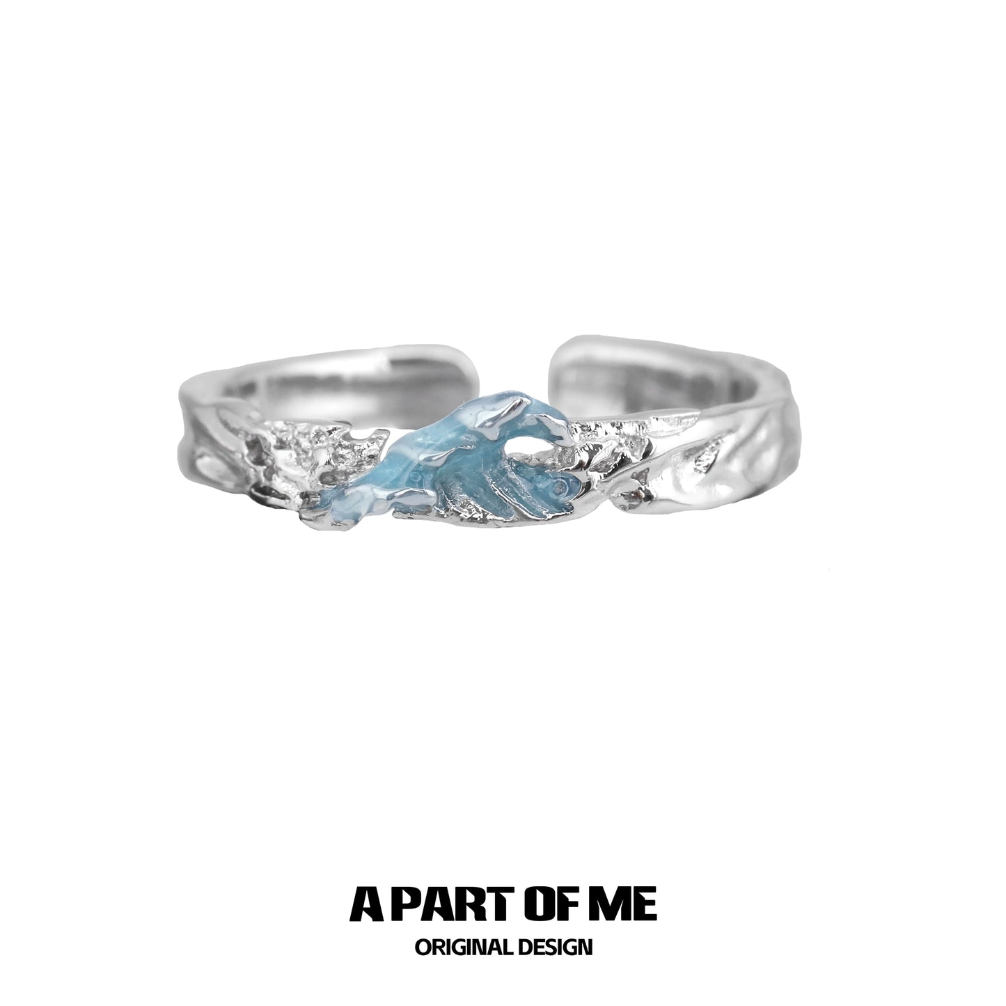 A PART OF ME mountain and sea couple rings in a unique design featuring a wave and land motif