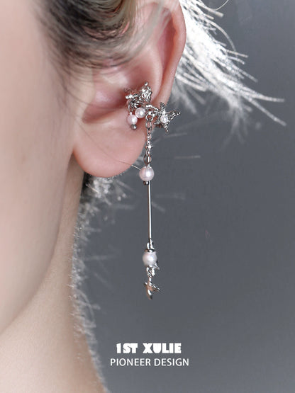 Elegant mystic butterfly ear clips with dangling pearls for a stylish accessory look