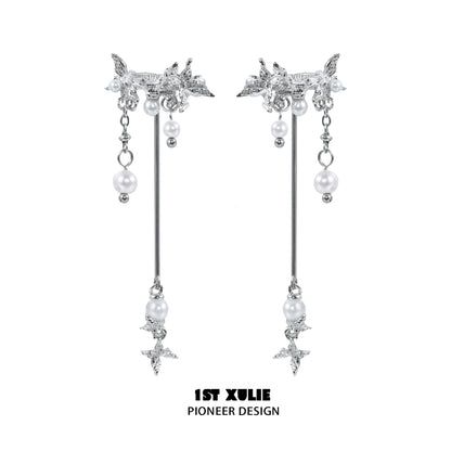 Elegant 1STXULIE mystic butterfly ear clips with hanging pearls and star charms