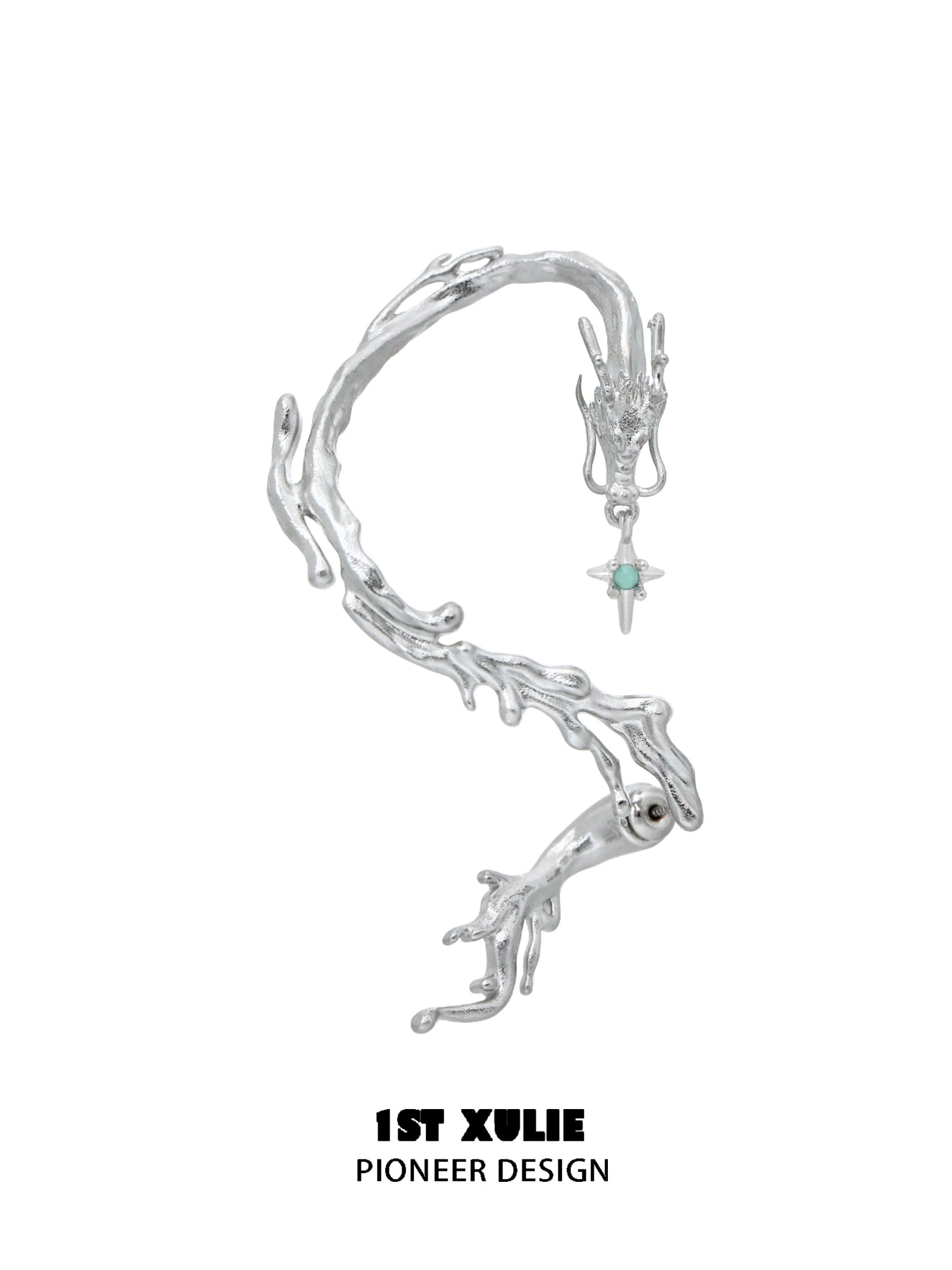 Elegant silver mystic dragon ear studs with intricate design and gemstone accent for unique style