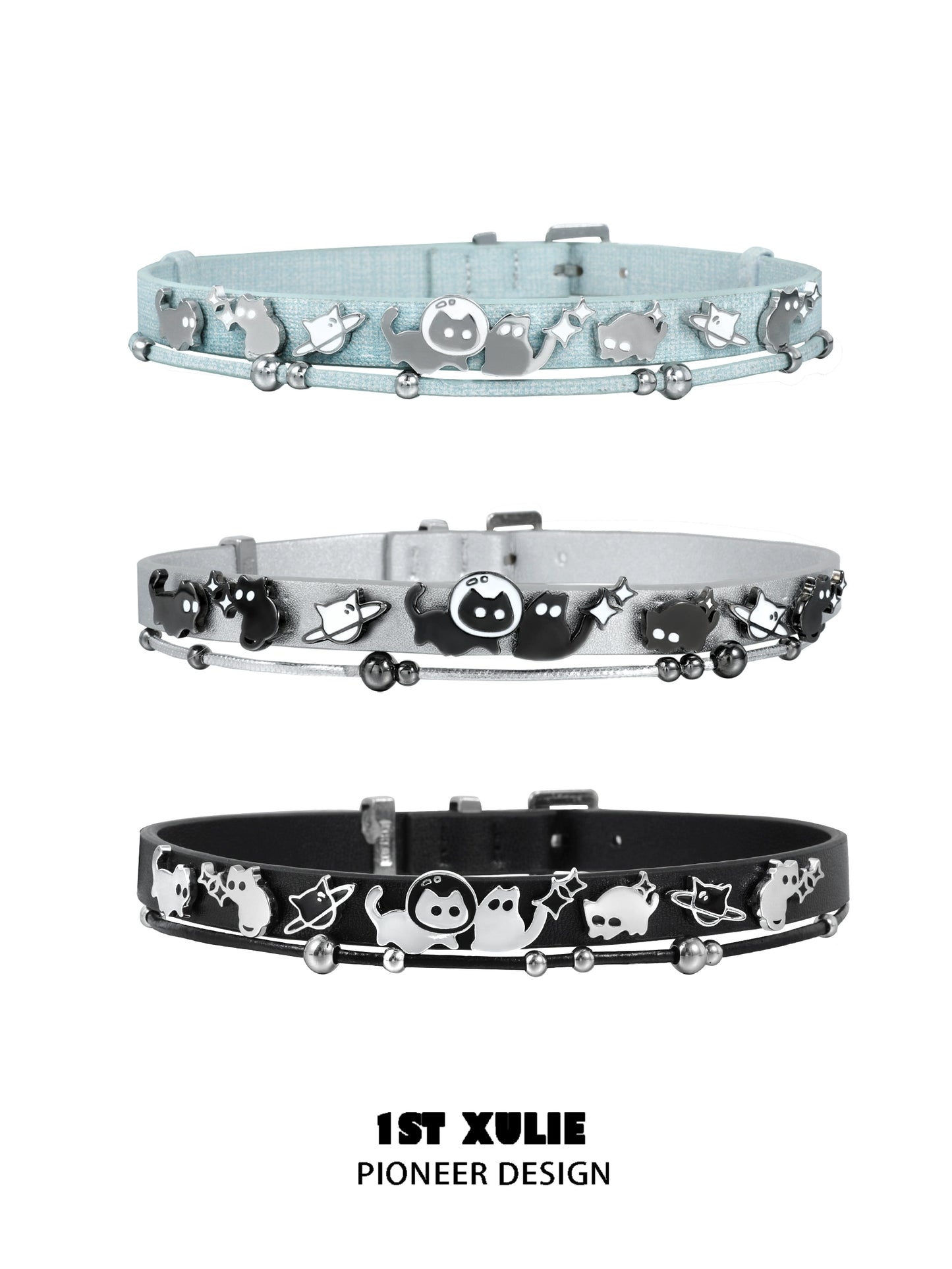 Colorful 1STXULIE collars featuring playful designs with cats and accessories for pet lovers