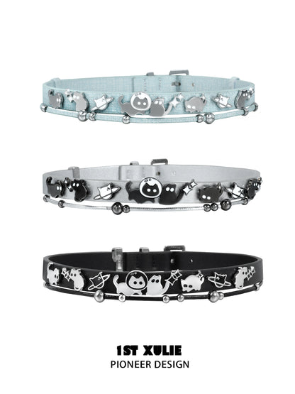 Colorful 1STXULIE collars featuring playful designs with cats and accessories for pet lovers