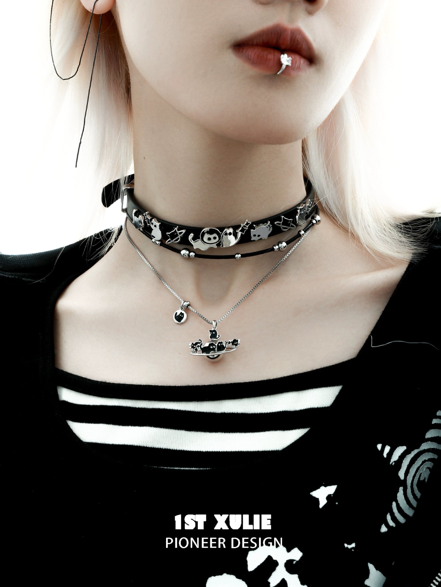 Stylish 1STXULIE owl leather necklace layered with silver chains for a unique fashion statement