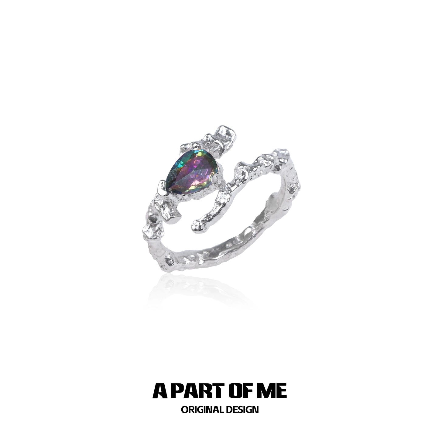 Amethyst silver vine ring with a unique design, featuring a pear-shaped gemstone set in silver