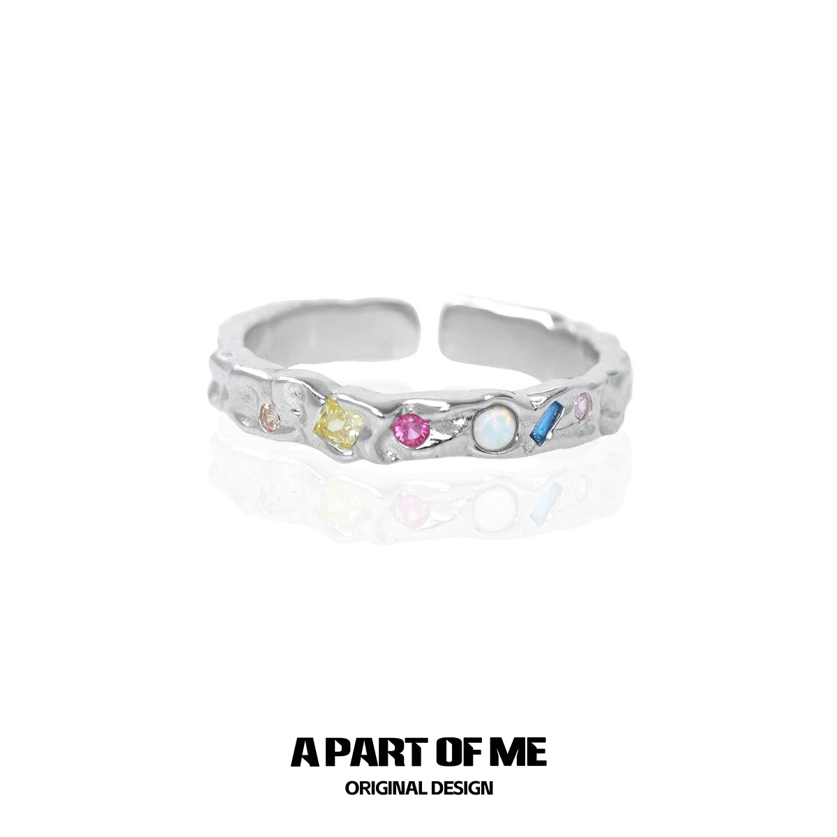 Colorful moonstone ring with various gemstones set in a textured silver band design