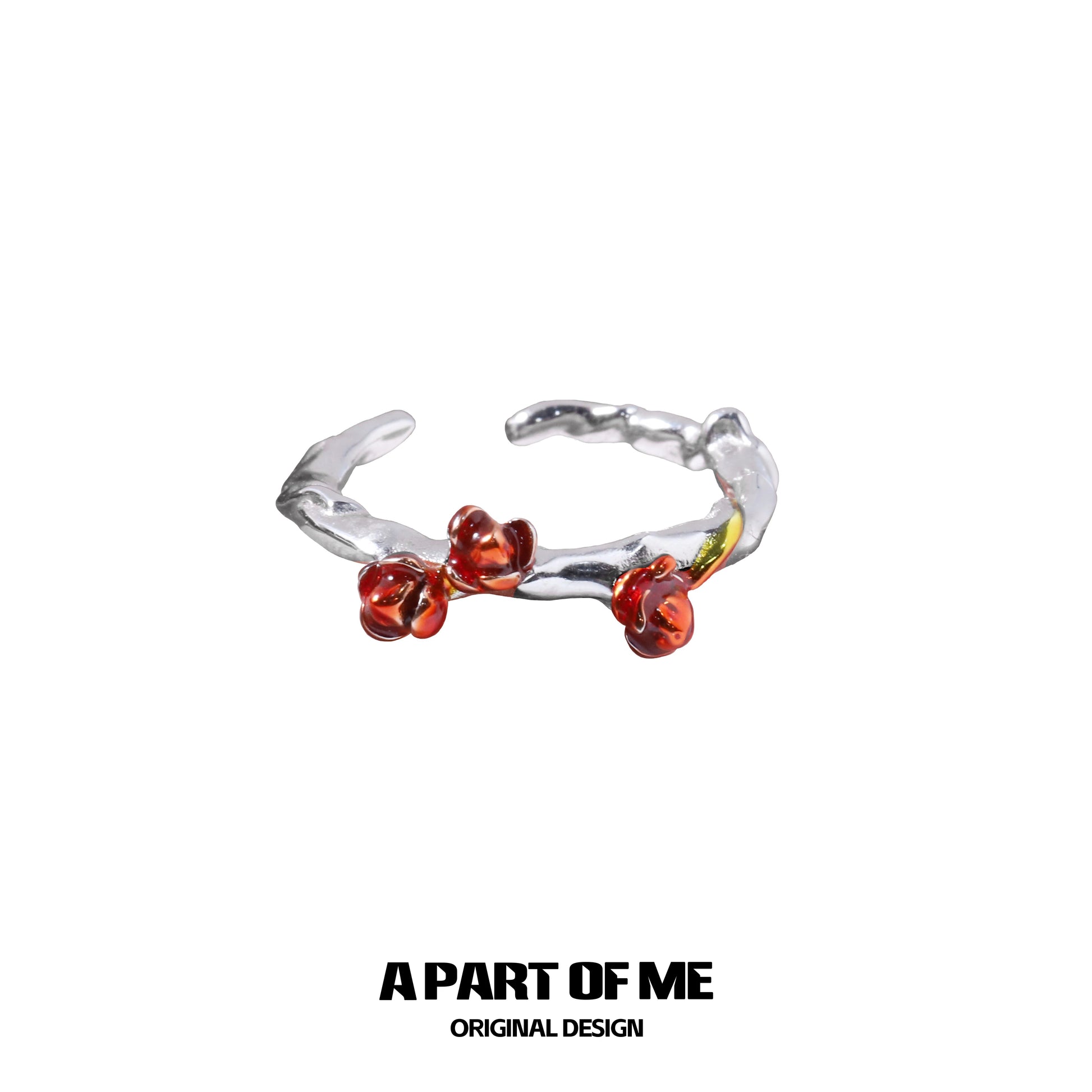 Heartburst rose silver ring with delicate red rose accents and a textured band for a unique design