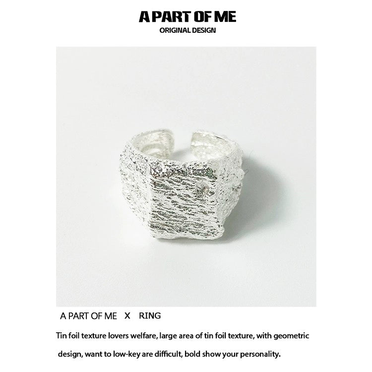 A PART OF ME silver foil textured ring with a unique geometric design and bold texture