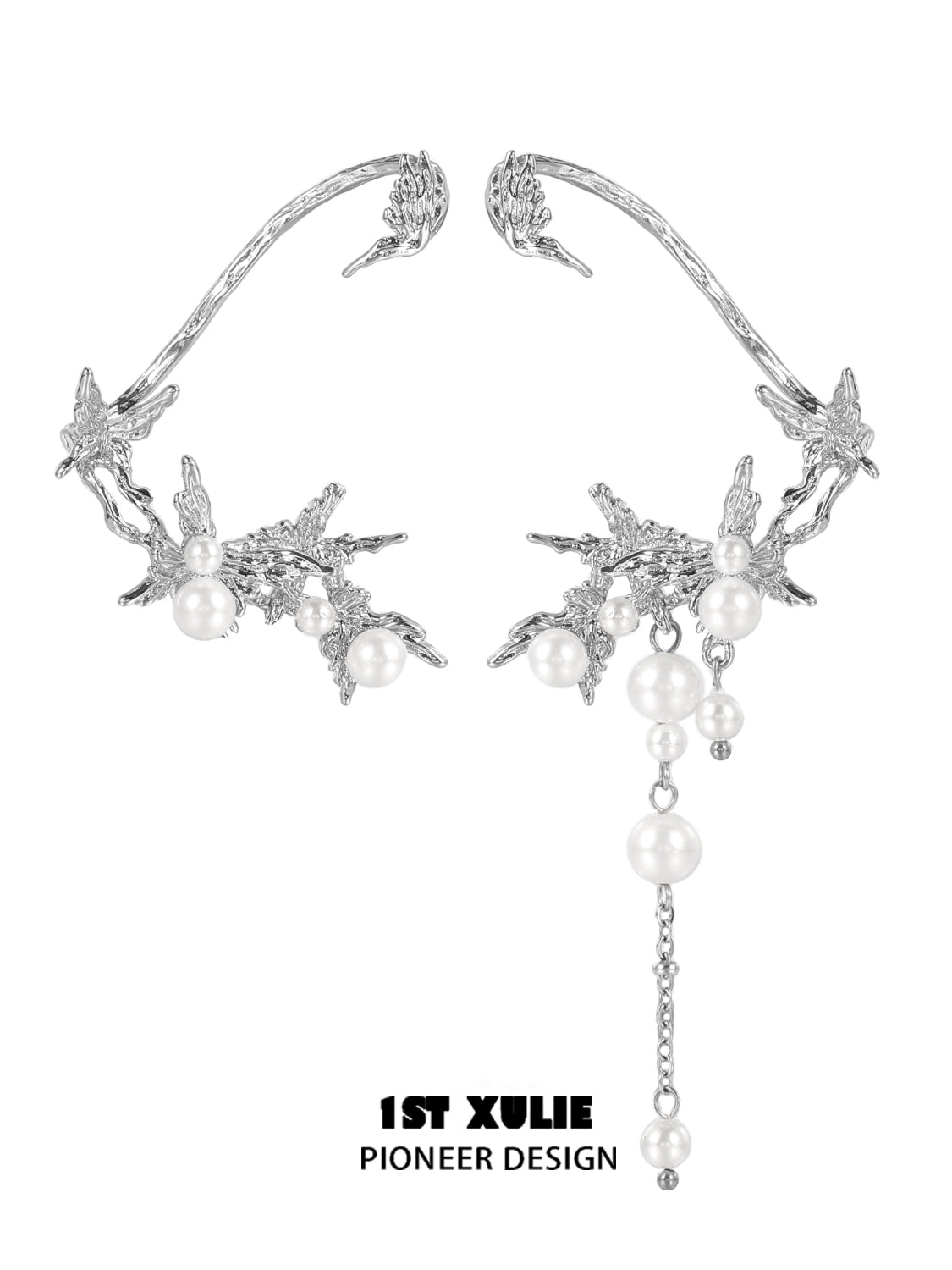 Elegant pearl butterfly ear cuffs with silver detailing and dangling pearls by 1ST XULIE