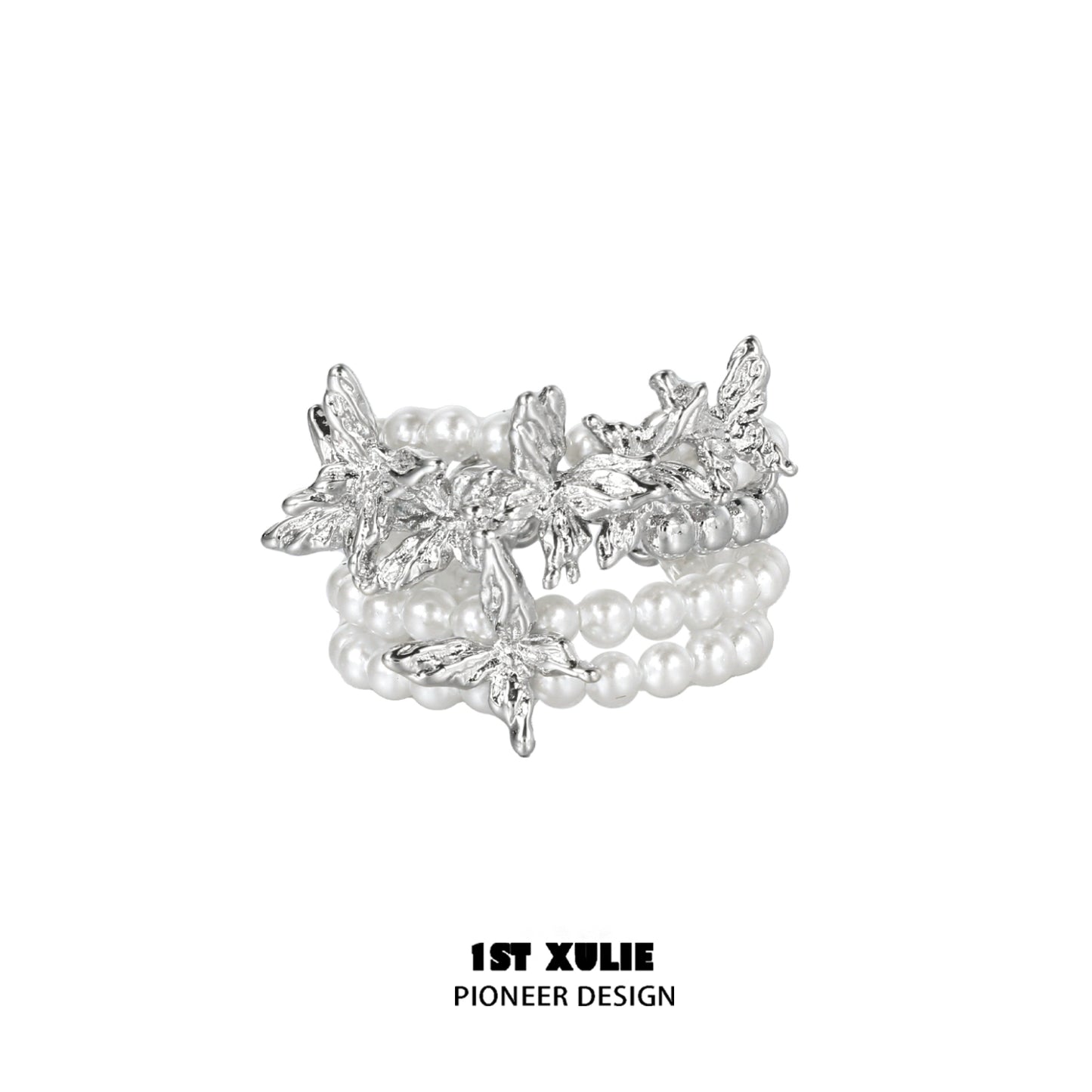 1ST XULIE pearl butterfly ring featuring intricate leaf designs and elegant pearl accents