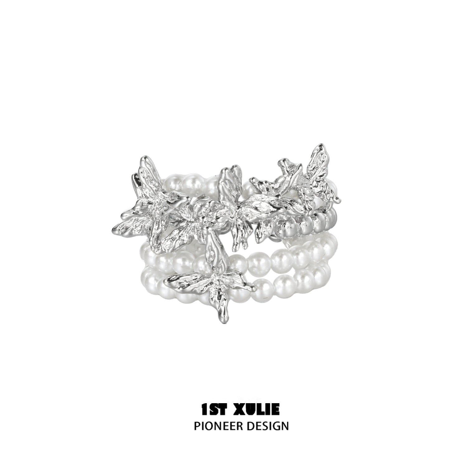 1ST XULIE pearl butterfly ring featuring intricate leaf designs and elegant pearl accents