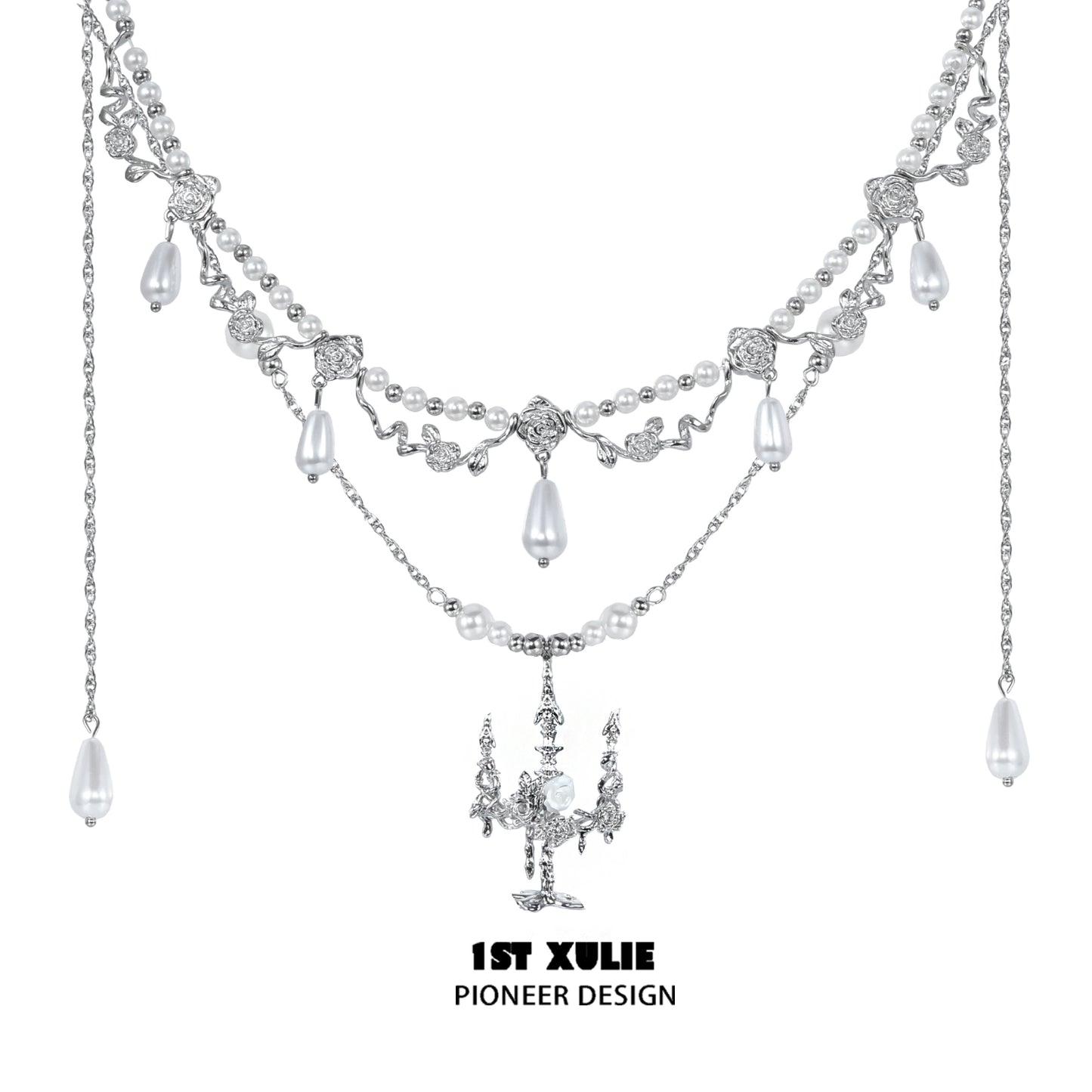 Elegant 1STXULIE pearl clavicle necklace featuring intricate silver designs and dangling pearls
