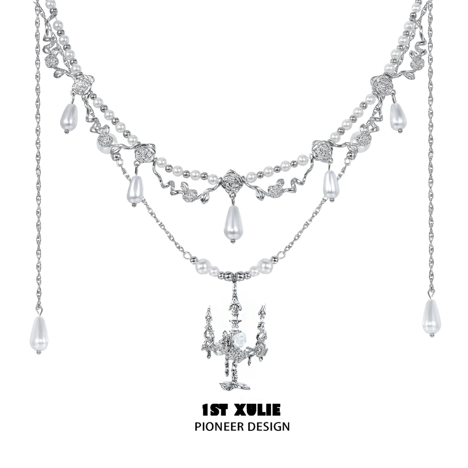 Elegant 1STXULIE pearl clavicle necklace featuring intricate silver designs and dangling pearls