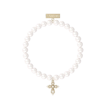Elegant pearl cross bracelet featuring a delicate cross charm and shiny white pearls