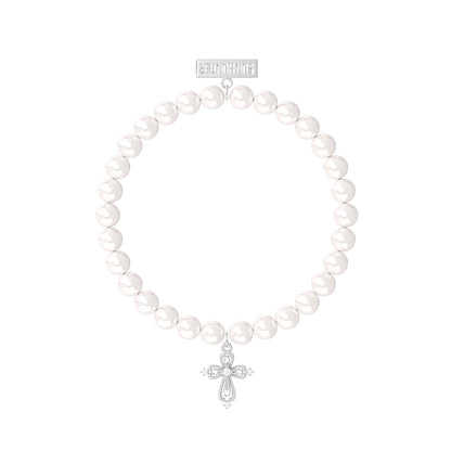 Elegant pearl cross bracelet featuring white pearls and a silver cross charm for stylish expression