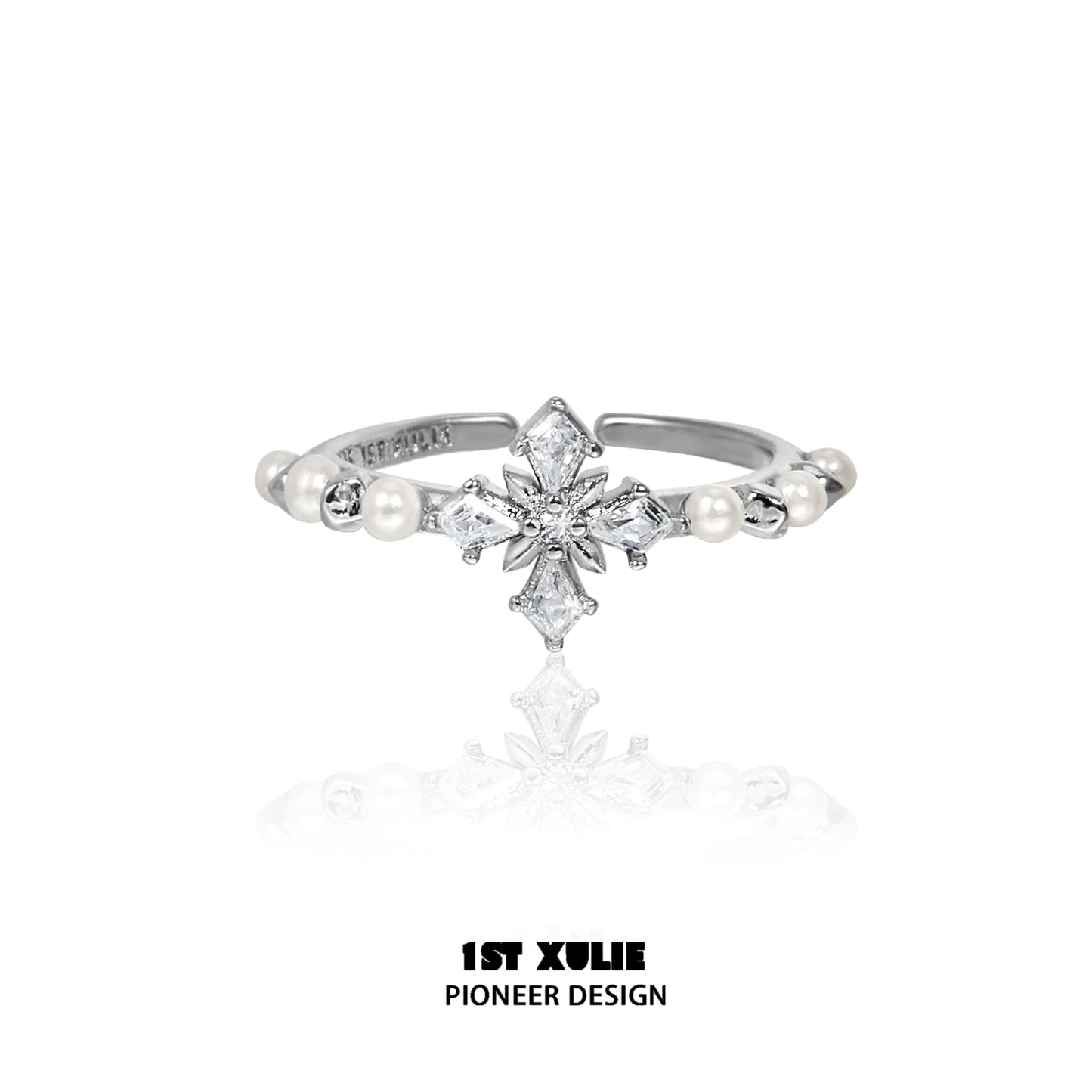 Elegant pearl cross silver ring featuring a unique design with sparkling details