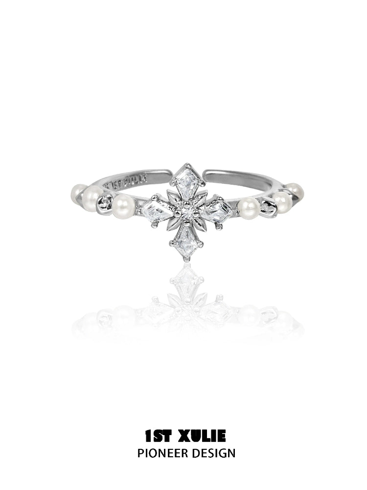 1ST XULIE pearl cross silver ring featuring sparkling stones and elegant pearls for a unique look
