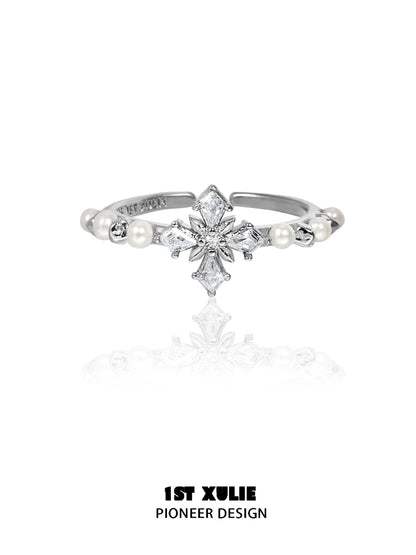 1ST XULIE pearl cross silver ring featuring sparkling stones and elegant pearls for a unique look