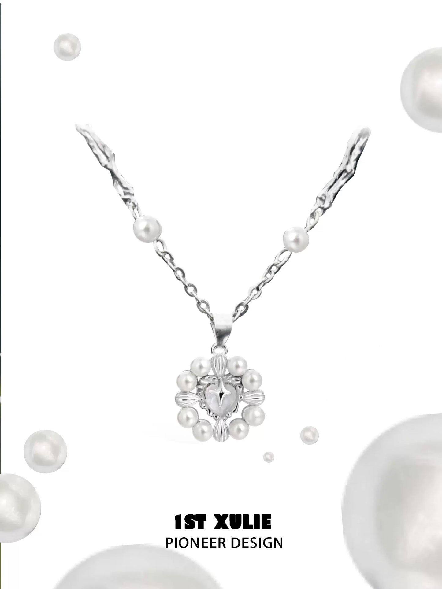 Elegant pearl statement necklace from 1ST XULIE featuring a decorative heart pendant