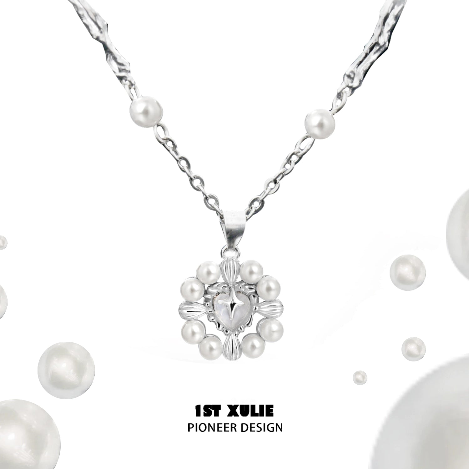 Elegant pearl statement necklace by 1ST XULIE featuring a unique design with various pearl sizes