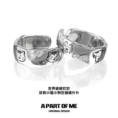 Silver A PART OF ME pet couple rings featuring cute pet designs and sparkling accents