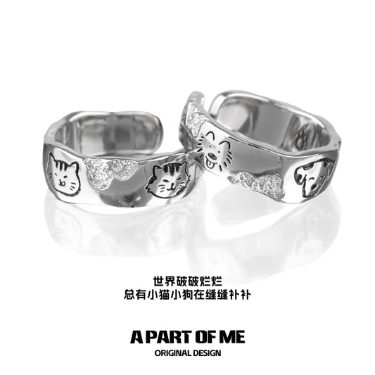 Silver A PART OF ME pet couple rings featuring cute pet designs and sparkling accents