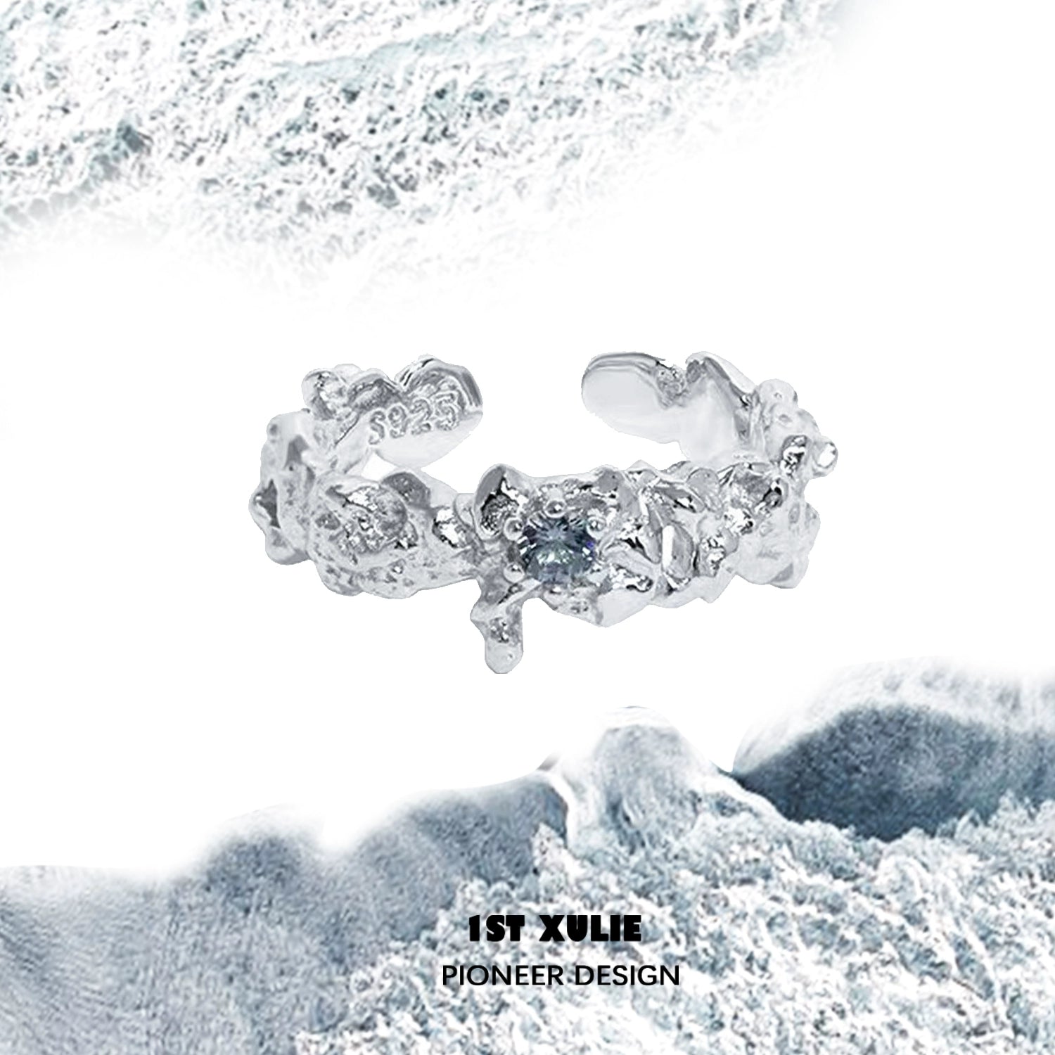 1STXULIE Aurora Glacier Silver Ring featuring intricate design with natural motifs